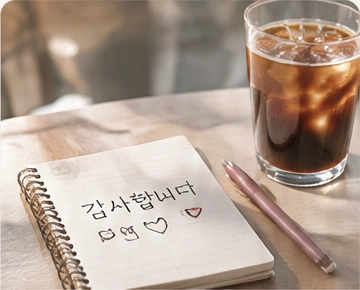 カフェの飲み物と、감사합니다と書かれたノート