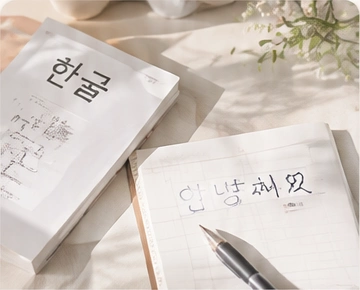 ハングルの本と、韓国語を書き練習するノート