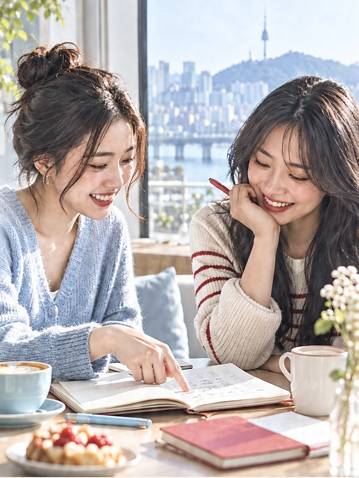 明るいカフェでノートを広げ、一緒に韓国語を学ぶ二人の女性