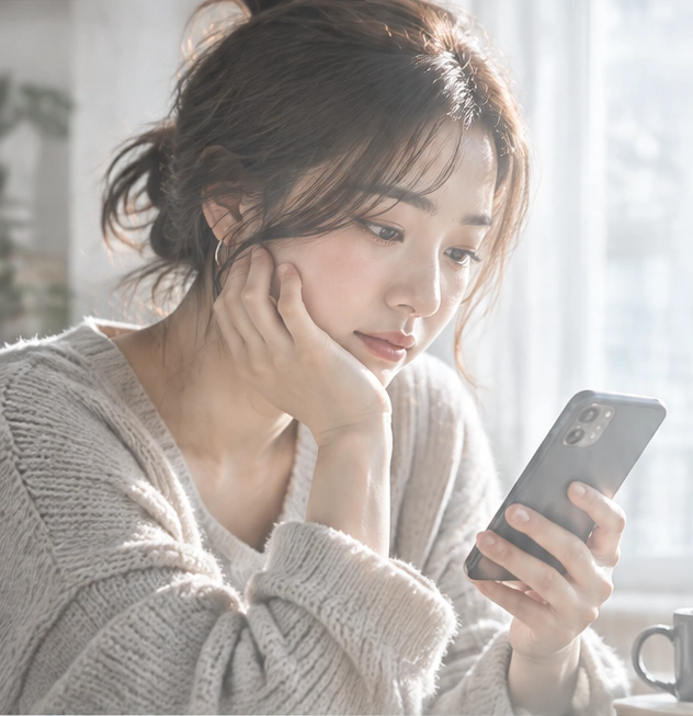 窓辺でスマートフォンを眺める女性